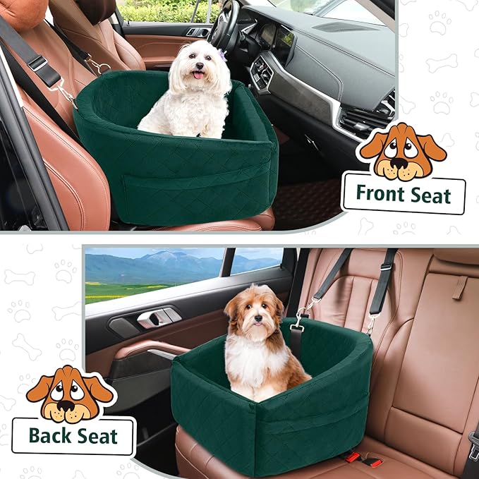 NEEZUKAR Dog Car Seat for Small Medium Dogs,Detachable Washable Dog Booster Seat Under 30lbs, Pet Car Seats Travel Bed with Storage Pockets and Safety Belt(Green)