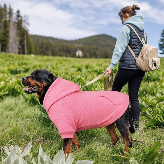 Dog Sweaters for Large Dogs,Dog Hoodie,Warm Fleece Sweatshirt with Hood & Pocket,Leash Hole,Cozy Cold Weather Pet Clothes Sweater Hoodie for Large Dogs(Pink,L)
