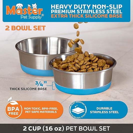 Master Pet Supply Stainless Steel Dog Bowls Set of 2 with Extra Thick Silicone Base - 2 Cup (16 oz) True Blue, Non-Slip, Dishwasher Safe Metal Bowls, Pet Dog Food Bowl for Dogs, Cats, Anti Rust