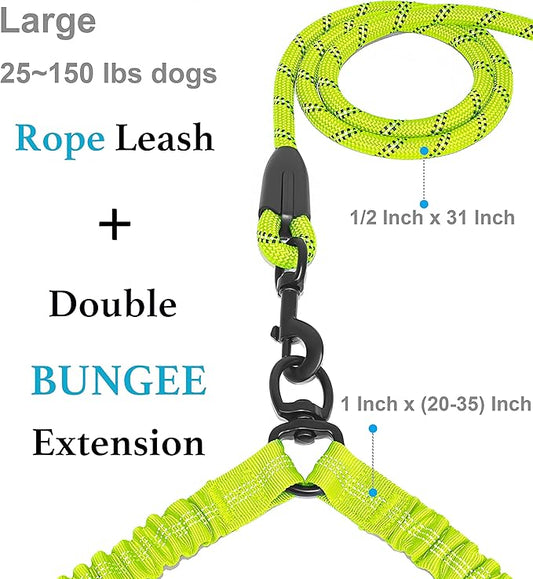 iYoShop Dual Dog Leash - 360° Swivel, No Tangle Walking Leash with Shock Absorbing Bungee for Two Dogs (Large, 25-150 lbs, Green)