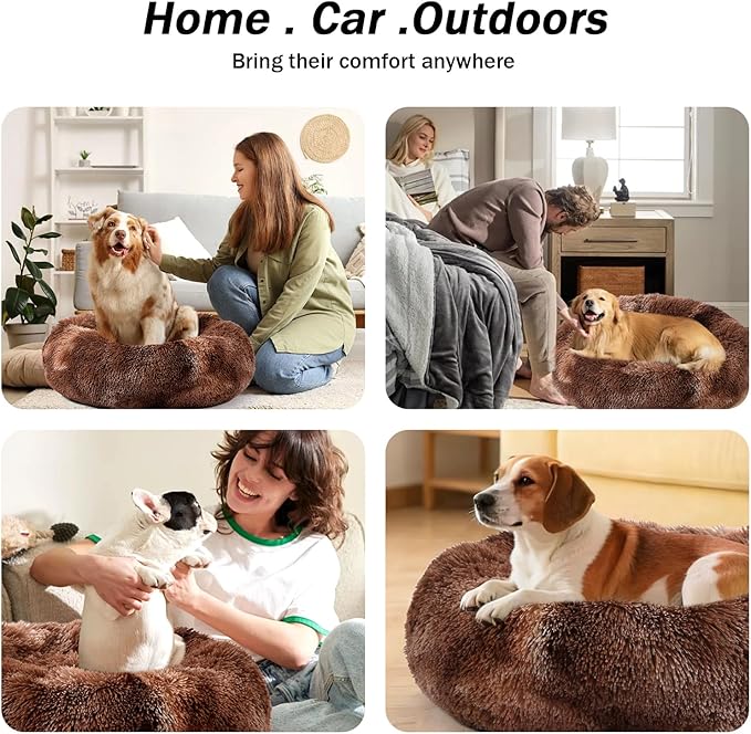 NOYAL Calming Donut Dog Bed for Small to Medium Dogs & Cats - Plush Faux Fur Anti-Anxiety Pet Bed with Machine Washable Cover & Non-Slip Base