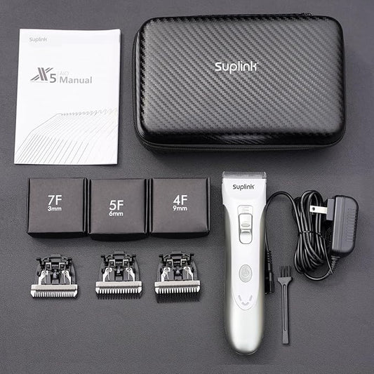 suplink Professional Dog Clippers for Thick Coats, Low Noise Cordless Grooming Clippers with Detachable Blades (1mm, 3mm, 6mm, 9mm), Rechargeable, Quiet Clippers for Sensitive Pets & Home Use