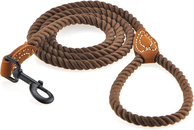 Mile High Life Dog Leash, Braided Cotton Rope Leashes with Leather Tip - Heavy Duty Metal Clasp, 4FT, 1/2" Thick - Wedding, Walking & Training Leash for Small Medium Large Dogs (Dark Brown)