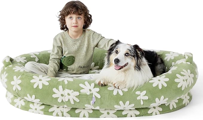 LE SURE Human Dog Bed for Adult & Kids - Calming XXL Size Bed with Egg Foam Supportive Mat as Gift for Family, Cute Modern Beds with Jacquard Shaggy Plush & Anti Slip Bottom 55x37x10, Blue