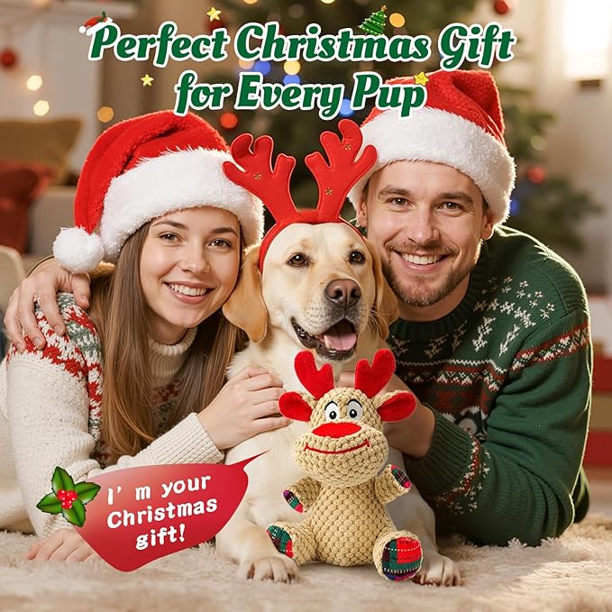 Reindeer Squeaky Plush Dog Toy – Soft Crinkle Stuffed Chew Toy for Small & Medium Dogs, Cute Holiday Puppy Toy