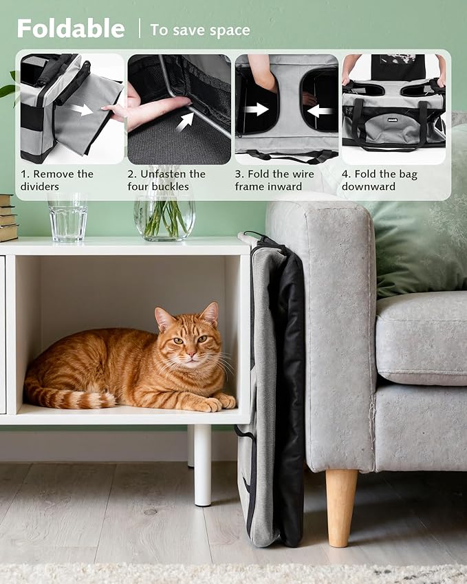 Pecute Large Cat Carrier for 2 Cats Built-in Steel Frame & Removable Divider,Pet Carrier for Car Travel,Foldable Dog Crate,Soft Double Cat Crate with Breathable Mesh,Vet,Gray