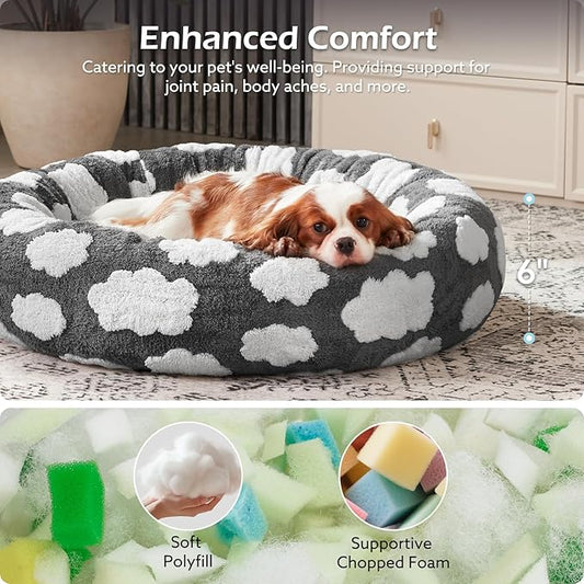 JOEJOY Donut Cat Beds for Indoor Cats, Round Calming Small Dog Bed with Removable Washable Cover, Orthopedic Cute Puppy Kitten Pet Bed with Jacquard Shaggy Plush & Non Skid Bottom, Black