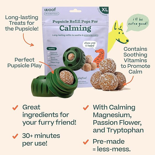 Woof Pupsicle Calming Starter Kit - Pupsicle and Calming Pops Bundle - Long-Lasting Interactive Dog Toy, Low-Mess Design - 10 Refills with Thiamine, Tryptophan, Passion Flower for XL Dogs 75 lbs and U