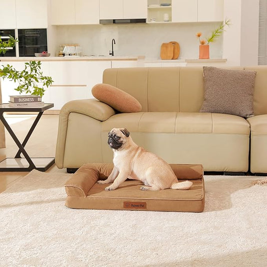 Rainmr Orthopedic Dog Bed Medium Size Dog, Memory Foam Dogs Bed for Medium Dogs, Washable and Removable Microsuede Cover, Waterproof Liner, Non-Skid Bottom, 30x20x6 Inches, Khaki