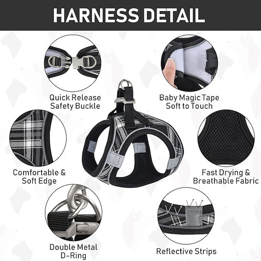 GAMUDA Small Dog Harness Collar and Leash Set, Step in No Chock No Pull Soft Mesh Adjustable Dog Vest Harnesses Plaid Reflective for Dogs Puppy Cats Kitten Rabbit (Black, XL)
