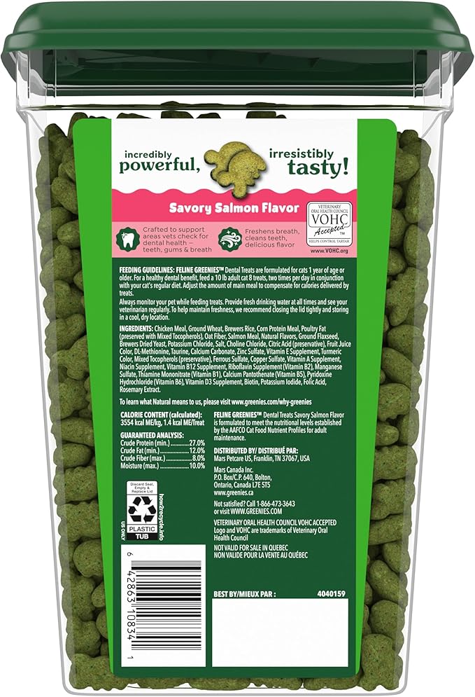 Greenies Feline Veterinarian-Recommended Adult Natural Dental Cat Treats, Savory Salmon Flavor, 21 oz. Tub