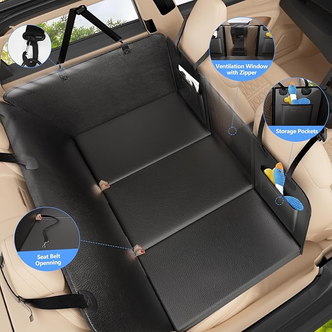 ROUWINNE Back Seat Extender for Dogs-Upgraded PU Leather, Hard Bottom Dog Car Seat Cover for Back Seat, Anti-Scratch Backseat Extender for Dogs,Waterproof Dog Hammock for Car, SUV, 420lbs