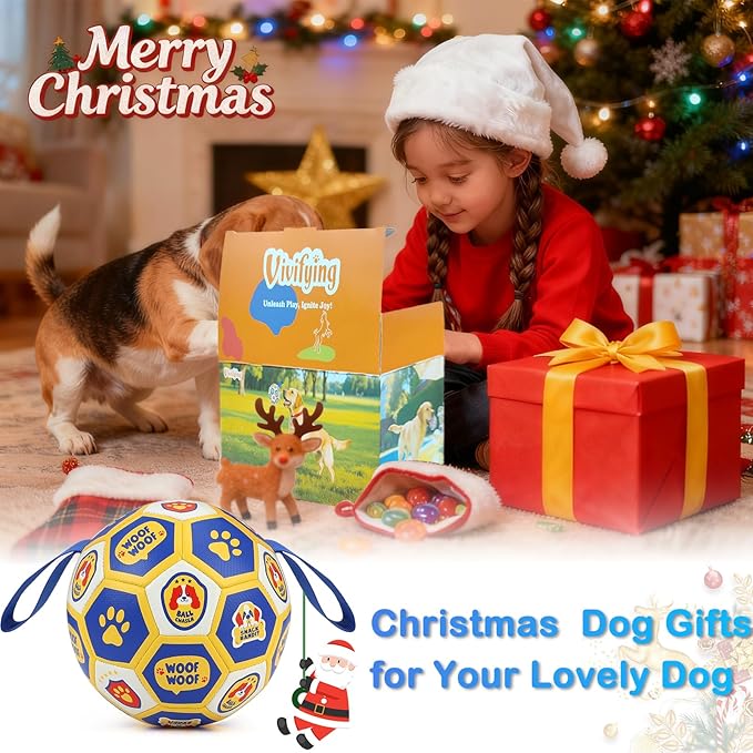 Vivifying Dog Toys Balls, Interactive World Cup Soccer Ball for Small Medium Dogs, Durable PU Enrichment Training Toy with Straps for Indoor and Outdoor Tug-of-War & Playing (6 Inches)