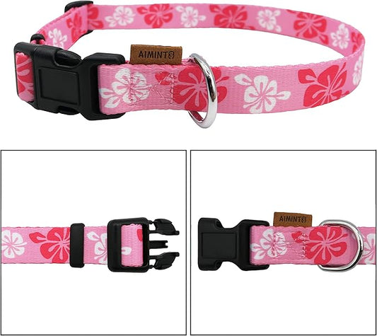 Dog Collar, Cute Floral Pattern, Soft and Adjustable Collar with Quick Release Buckle (M (Neck 14-24", Width 3/4"), Hawaiian Pink)