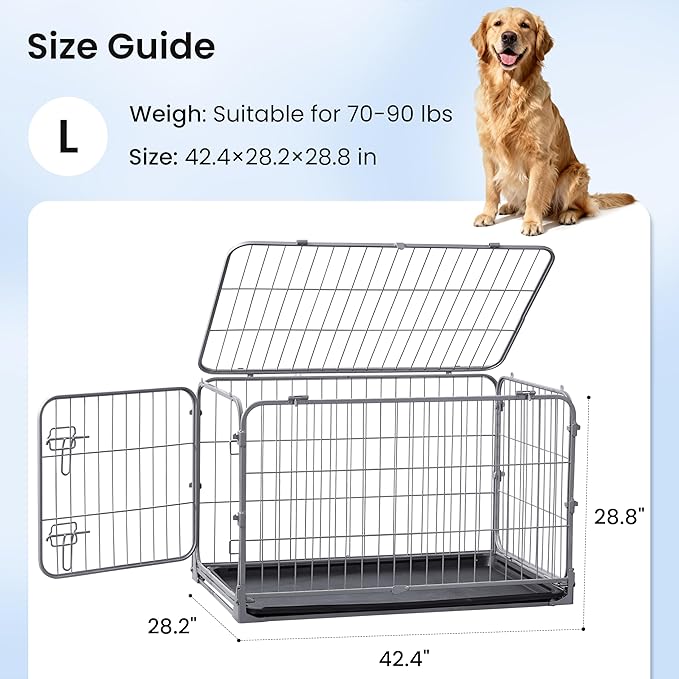 ZOMISIA Foldable Dog Crate for Large Dogs - 42 inch Escape-Proof Metal Kennel with Double Door, Easy Assembly Collapsible Cage with Removable Tray, Indoor Outdoor Use, Silver Gray