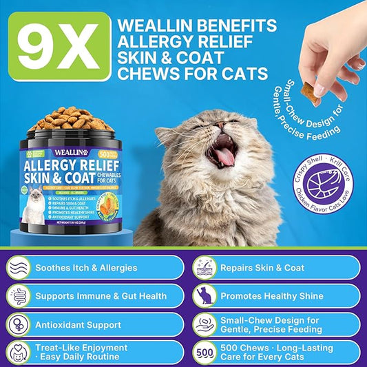 Cat Allergy Relief Chews, 500 Crunchy & Krill Core with Omega-3 Probiotic for Cats, Immunity Supports Seasonal Itching Paw Licking & Scratching Itchy Skin & Coat Support for All Breeds Chicken Flavor