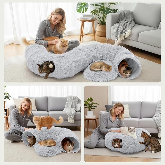 DUMOS Cat Tunnel Bed for Indoor Cats Cave Donut Play Tunnel with Soft Plush Peekaboo, Circle Cushion, Washable Multifunctional Playground Under Tree Pet Toys for Kittens, Puppy Rabbit, Ferret - Grey