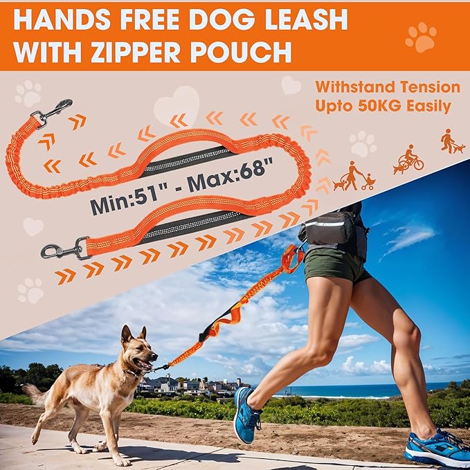 Hands Free Dog Leash with Waist Belt – No-Pull Bungee, Dual Padded Handles & Zipper Pouch for Running, Walking & Training – Adjustable Waist Leash for Large & Medium Dogs (Orange)