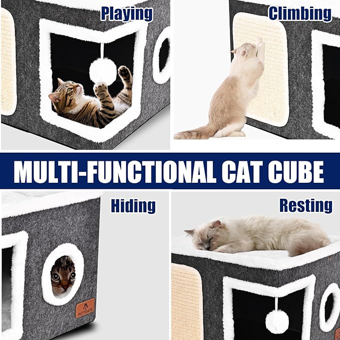 Felt Cat Cave Beds for Indoor Cats, Foldable Cat Hideaway with Scratch Pad and Fluffy Ball, Large Covered Cat House with Reversible Cushion for Multi Small Pet