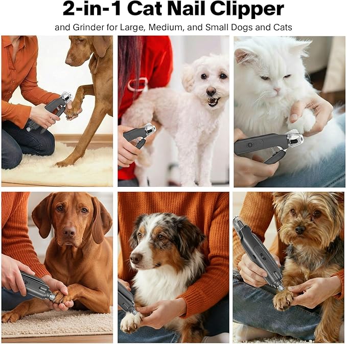 2-in-1 Cat Nail Clippers & Dog Nail Clippers Trimmers for Large Medium Small Dogs Cats Claw Trimmer Quick Sensor and Safety Guard USB Rechargeable with 2 LED Lights Dogs Nail Trimmer