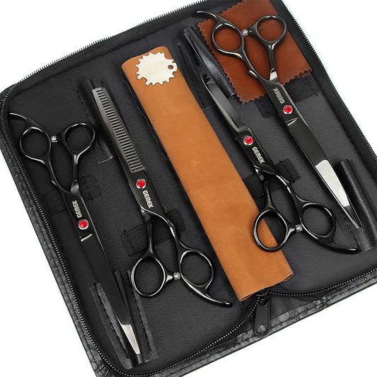 7.0in Titanium Professional Dog Grooming Scissors Set, GEMEK 6 in 1 Straight & Thinning & Upwards Curved & Downwards Curved Scissors & Comb for Dogs, Cats and Other Animals (Black)