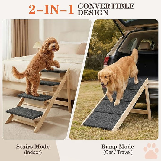 Dog Stairs/Steps, 2-in-1 Foldable Wooden Pet Stairs, Wood Frames and Non-Slip Carpet Suitable for High Beds, Car, Couch, Durable Wooden Dog Stairs for Small Medium and Large Dogs,4 Steps