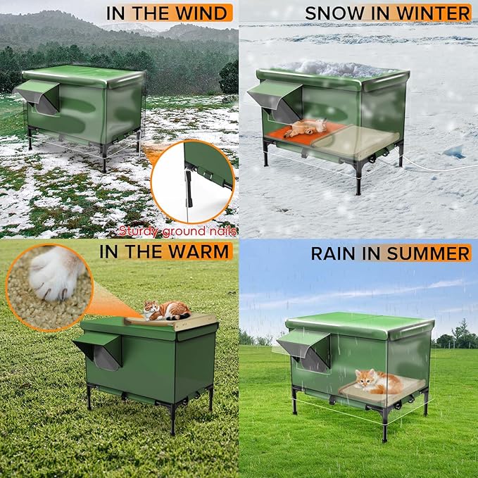 4-in-1 Heated Outdoor Cat House 24.8×22×16.1 inch Weatherproof with Heating Pad, Scratching Bed and Elevated Bed, Waterproof Windproof TPU Rain Cover, Large size Heated Cat House for Outdoor Cats
