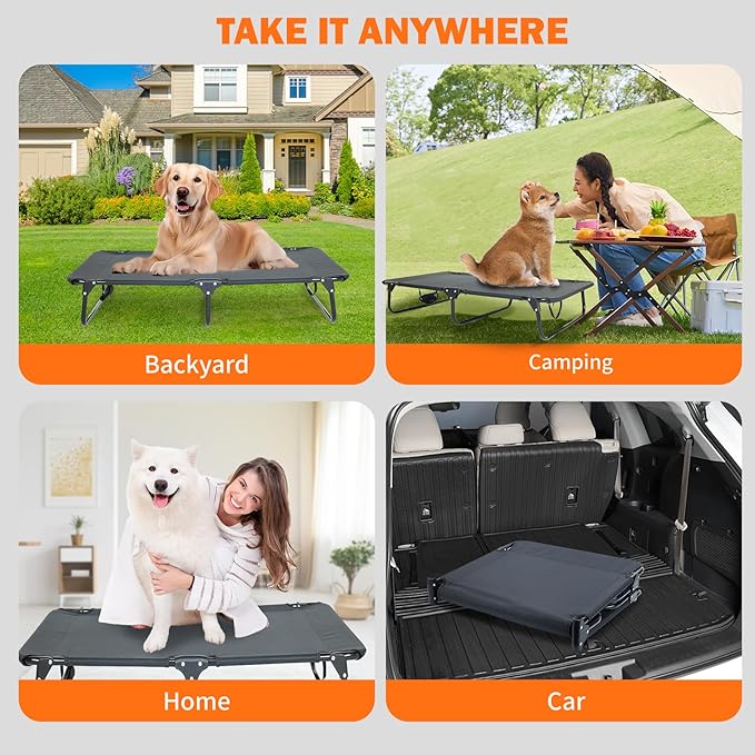 everfront Dog Elevated Bed Foldable Portable Raised Bed Camping cot Outdoor Summer Dog Bed (Medium, Grey-Textilene)