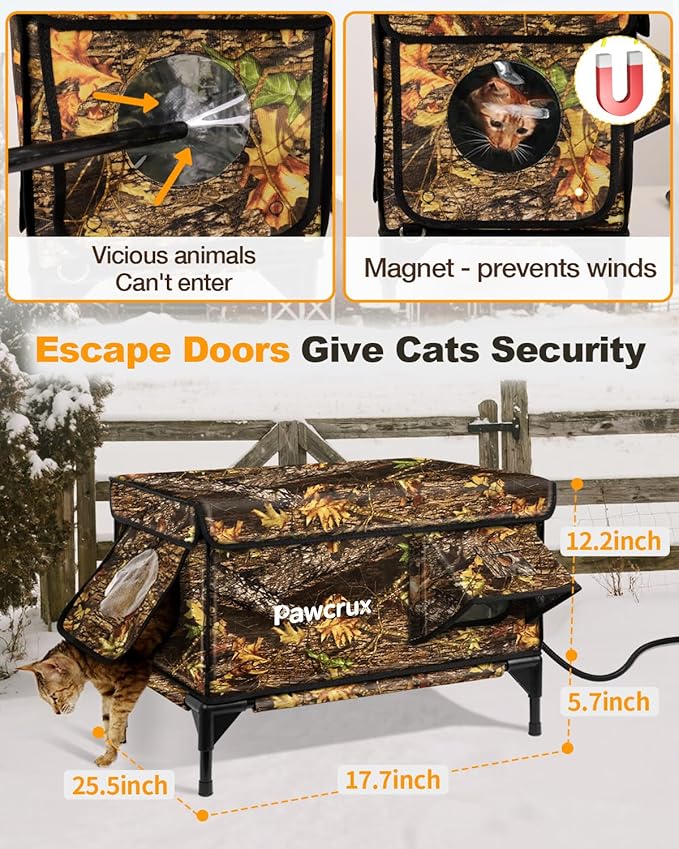 Weatherproof Heated Cat House for Outdoor in Winter, Heated Cat Bed Kitty Shelter with Cat Heating Pad, Insulated & Safe Escape Door, Warm House for Outside Stray Cat (Leaf Color, 17"x25"x17")