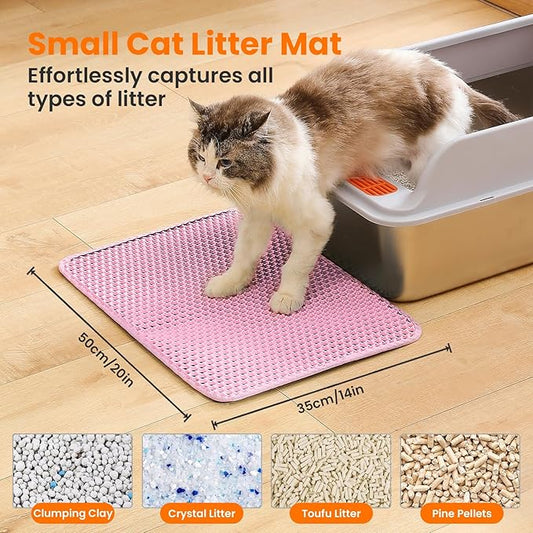 Petinstinct Small Cat Litter Mat, 20x14’’ Double Layer Honeycomb Cat Litter Box Mat, Non Slip Waterproof Urine Proof Litter Trapping Mat for Floor, Kitty Litter Pad, Indoor Pet Supplies, Pink