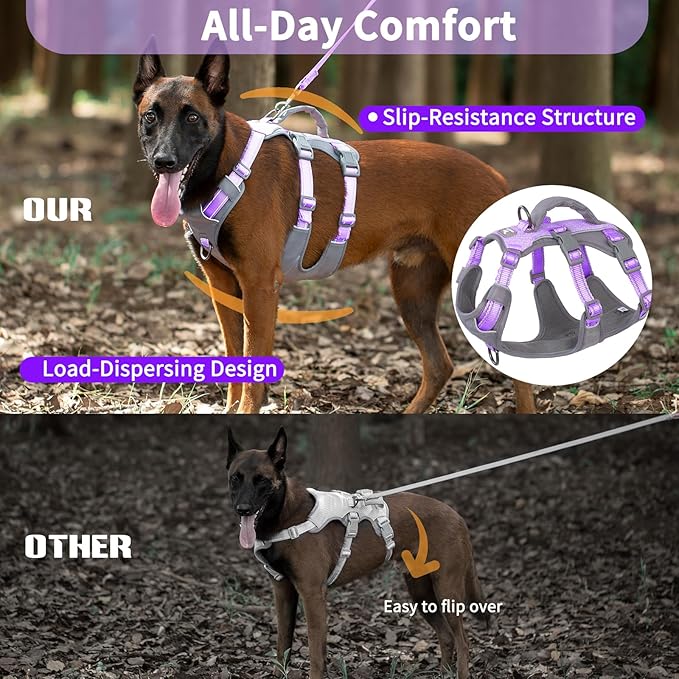 Huntboo Reflective Dog Harness with Handle, Escape Proof, No Slip, Breathable, Lightweight,Adjustable Lift Harness for Small, Medium,and Large Dogs Walking,Training,and Running Gear(Lavender Purple,L)