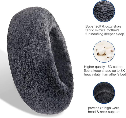 SAVFOX Plush Calming Donut Dog Beds for Small Dogs, Medium, Large & X-Large Breeds, Comfy Cuddler Dog Bed and Cat Bed in Faux Fur, Washable, Multiple Sizes S-XXL