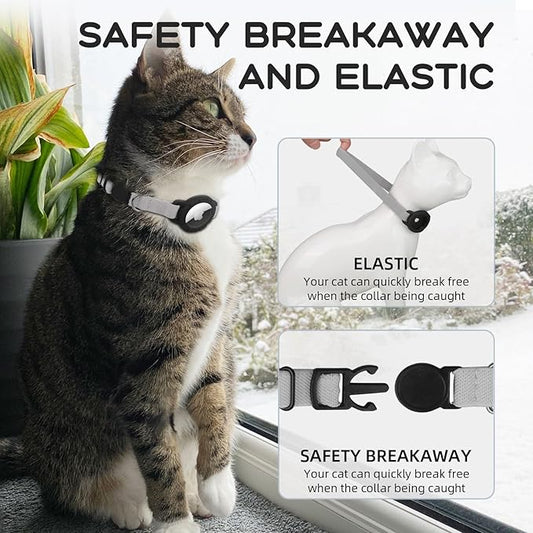 AirTag Cat Collars, Stretchy Collar with Apple AirTag Holder and Bell, Breakaway Ultra Design Elastic GPS Tracking Collars for Cats and Puppies, (7.5-12.5 Inch), Gray