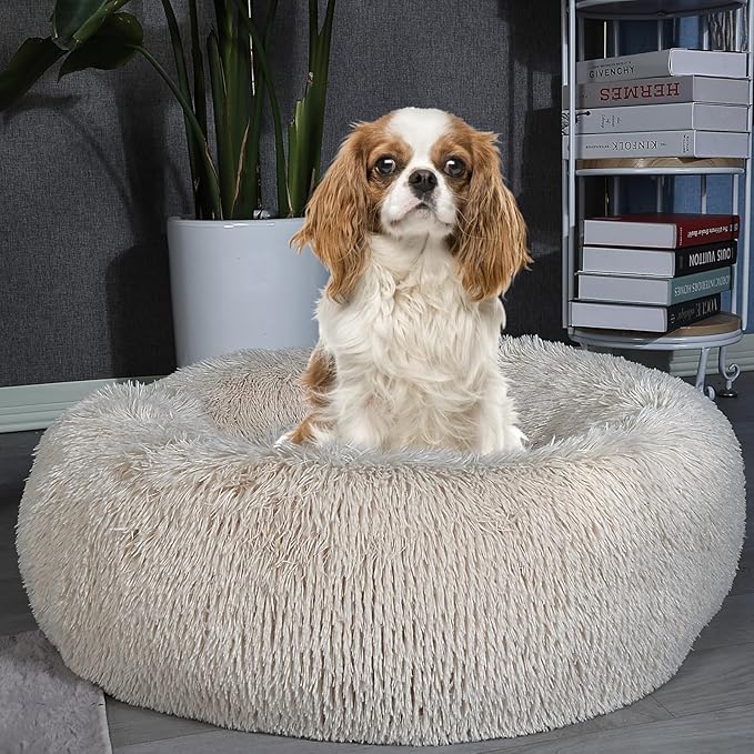 Calming Donut Dogs Beds for Small Dogs Washable,28inch Plush Round Pet Bed for Cozy Sleep,Fluffy Faux Fur Large Cat Bed,Fits up to 30 lbs Pets,Beige