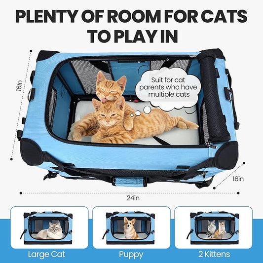 PEGIC Large Cat Carrier for Car Travel, Soft Sided Collapsible Pet Carrier for Outdoor and Indoor Uses, Roomy Extra Large Cat Carrier for 2 Kittens or Puppies Up to 50lbs (Teal)