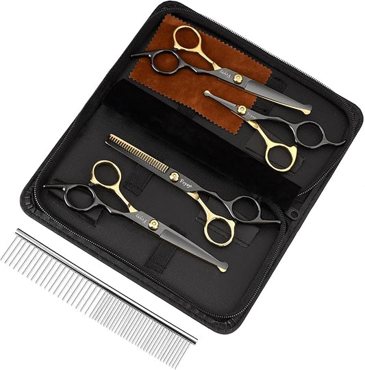 Dog Grooming Scissors Kit, Fcysy Professional Pet Shears for Cats at Home, Dog Grooming Tools with Curved & Straight Blades Scissors Thinning Shears Pet Supply Set