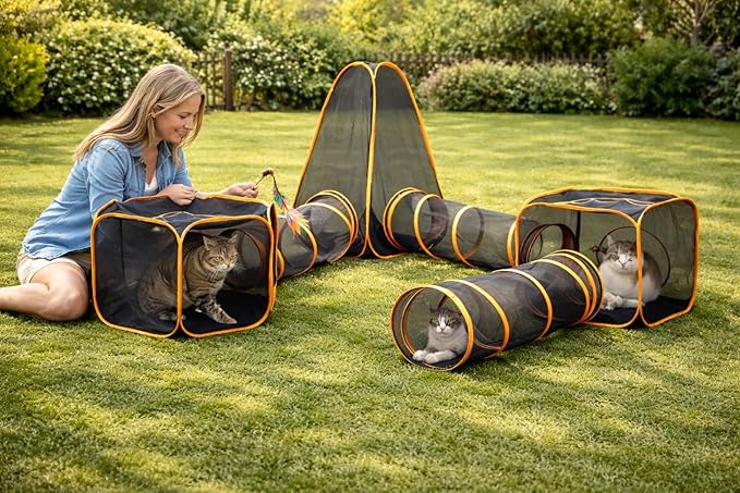 Outdoor Cat Tunnel Playset with Pop-Up Cubes & Tent – Portable Mesh Cat Playpen for Yard, Secure Enclosed Tunnel System for Cats, Kittens, Rabbits & Small Pets