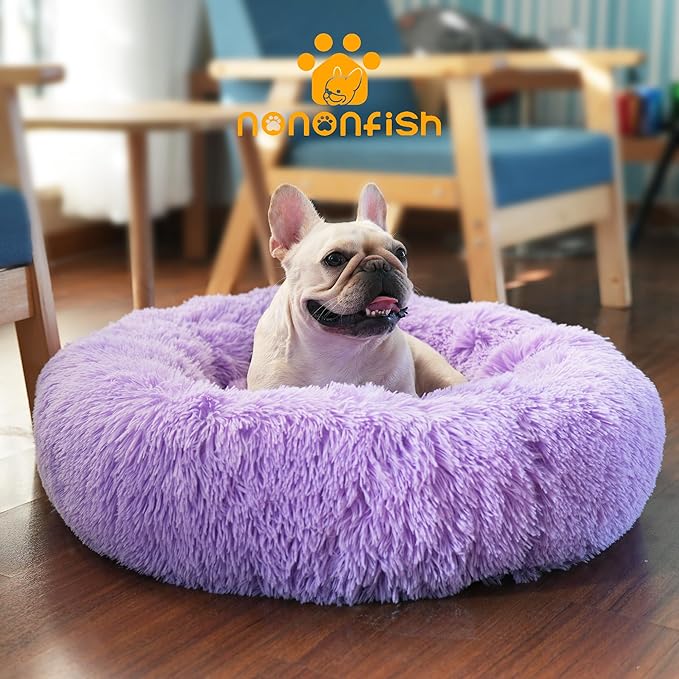 Calming Donut Dogs Beds for Small Dogs Washable,23inch Plush Round Pet Bed for Cozy Sleep,Fluffy Faux Fur Large Cat Bed,Fits up to 25 lbs Pets,Purple