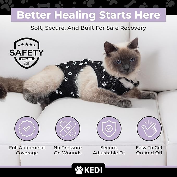 Cat Surgery Recovery Suit Female Cat Onesie for Cats After Surgery Spay Surgical Abdominal Wound Skin Diseases E-Collar Alternative Wear Kitten (Black, Large)