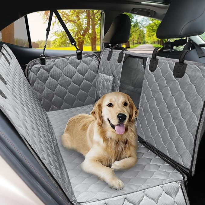 PETICON Dog Car Seat Cover with Mesh Window, 100% Waterproof Pet Seat Cover for Back Seat, Scratchproof Dog Hammock for Cars, Trucks, SUVs, Jeeps (Gray)