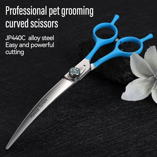 Professional Pet Grooming Curved Scissors, JP440C Alloy Steel, Blue Ergonomic Handle, Sharp and Durable for Dog Grooming (7.5")