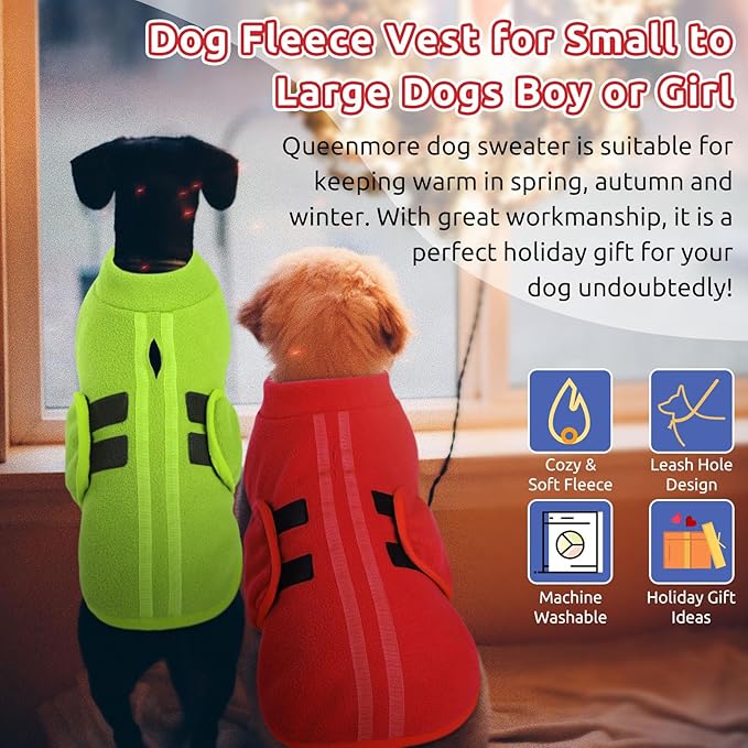 Queenmore Large Dog Sweater, Soft Fleece Vest Pullover Jacket With Leash Hole, Warm Winter Clothes for Cold Weather, Dachshund Sweater for Large Dogs Cats Boy or Girl (Red, L)