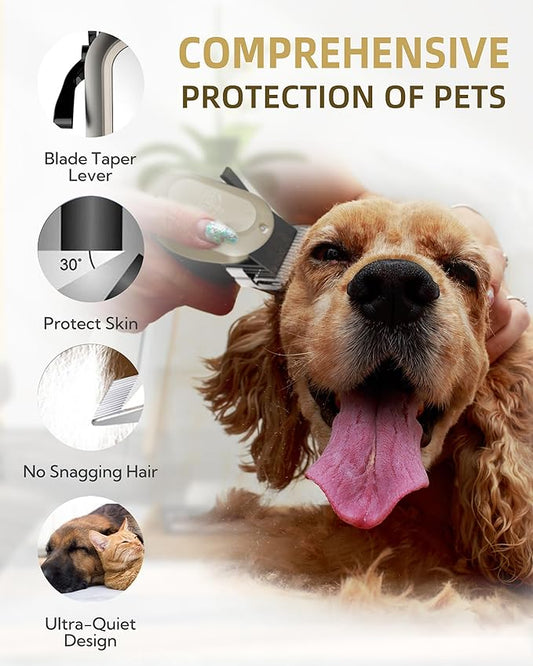 Dog Clippers for Grooming with 12V High Power Plug-in for Thick Heavy Coats Quiet, Pet Electric Professional Hair Grooming Clippers kit with 10 Metal Guard Combs Brush for Dogs Cats Pets (Gold)