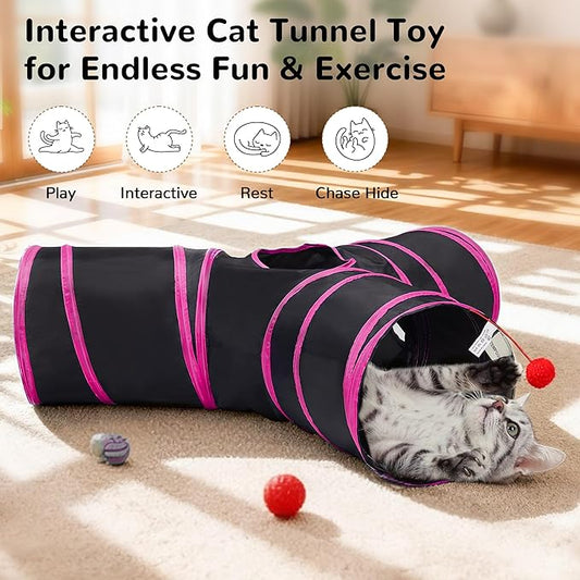 Tempcore Pet Tube Toys 3 Way Collapsible, Cat Tunnels for Indoor Cats,Kitty Bored Pet Toys with Peek Hole & Ball Cat, Puppy, Kitty, Kitten, Rabbit, Rose Red