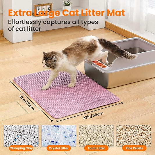 Petinstinct Extra Large Cat Litter Mat, 30x22 Inches Honeycomb Double Layer Cat Litter Trapping Mat, Non Slip Waterproof Urine Proof Large Kitty Litter Box Mat for Floor, Kitten Supplies, XL, Pink