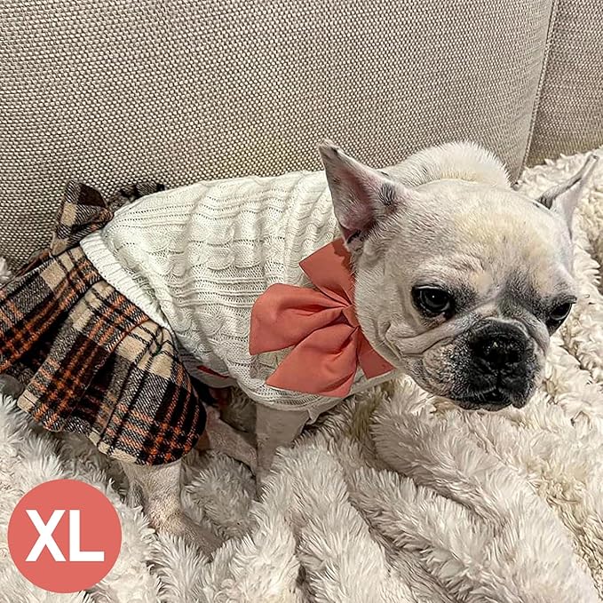 KYEESE Dog Sweater Warm Pullover Pet Coats Stretchy Turtleneck Pet Sweater Dress Thick Dogs Clothes with Bowtie Comfy Knitwear Dog Sweaters for Small Dogs Girl, White, X-Large