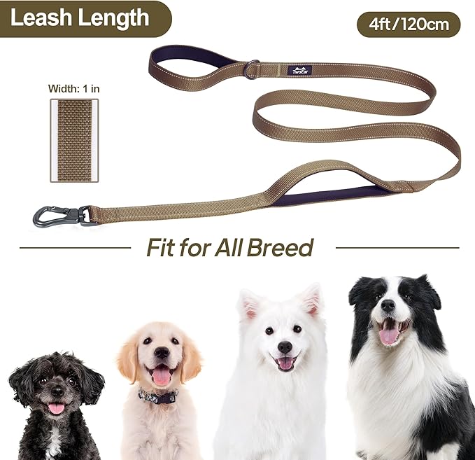 TwoEar 4FT 1IN Strong Brown Dog Leash with 2 Padded Handles, Traffic Handle Extra Control, Comfortable Soft Dual Handle, Auto Lock Hook, Reflective Walking Lead for Small Medium and Large Dogs