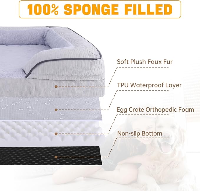Orthopedic Dog Bed for Extra Large Dogs, 42x30 Inch Waterproof Egg Crate Memory Foam Dogs Bed with Zipper Top and Washable Cover, Nonslip Bottom for Living Room, Dark Grey