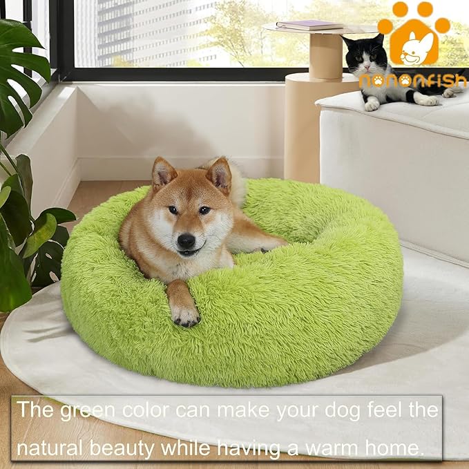 Calming Dog Bed for Medium Dogs Washable Donut 30 inches Anti-Slip Pet Bed,Round Fluffy Plush Faux Fur Cat Bed,Fits up to 45 lbs Pets,Grey