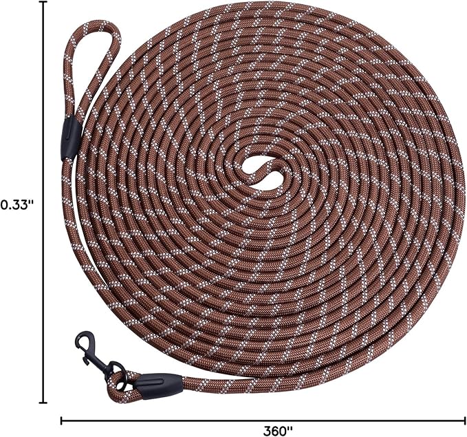 Long Dog Leash for Training 30Ft-Reflective Nylon Rope with Swivel Hook-Recall Agility Lead for Large Small Medium Dogs Outside Walking Hiking-Brown